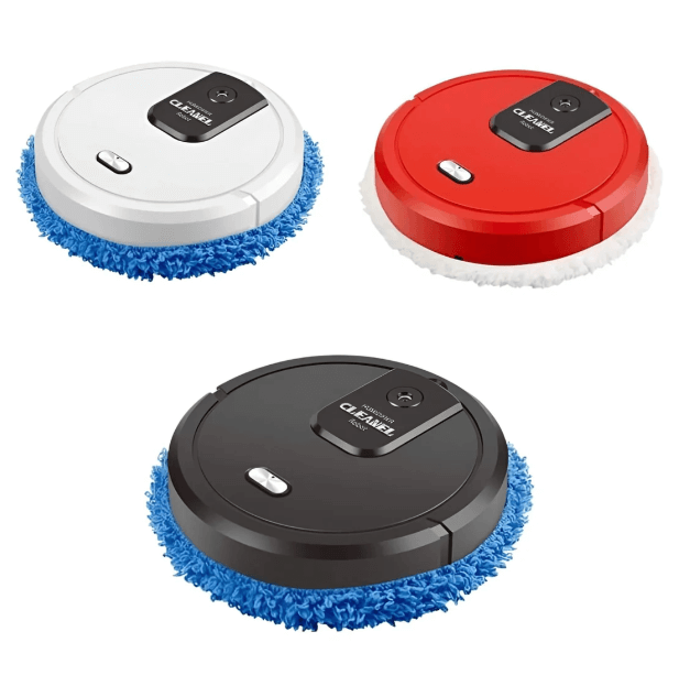 Underside view of the robotic floor cleaner highlighting rotating brushes