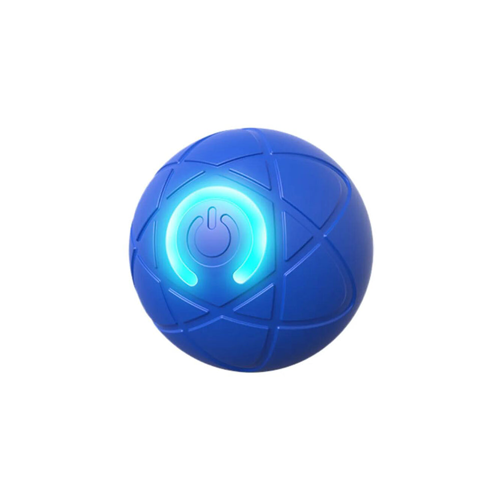Blue interactive automatic toy ball with bright cyan power button