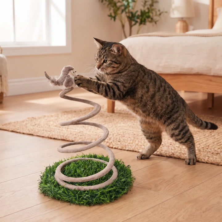 A tabby cat playing with the interactive spring bird cat toy on a wooden floor.