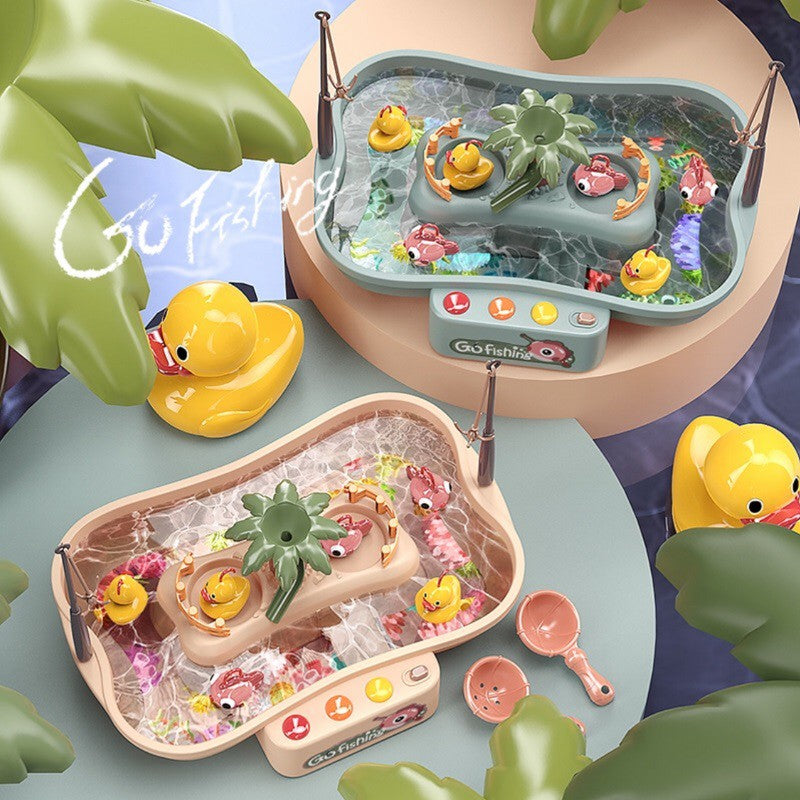 Green and peach style interactive duck fishing game sets displayed together