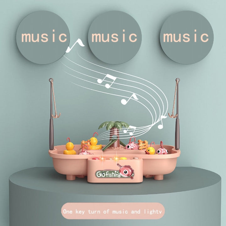 Kids playing with interactive duck fishing water game developing motor skills