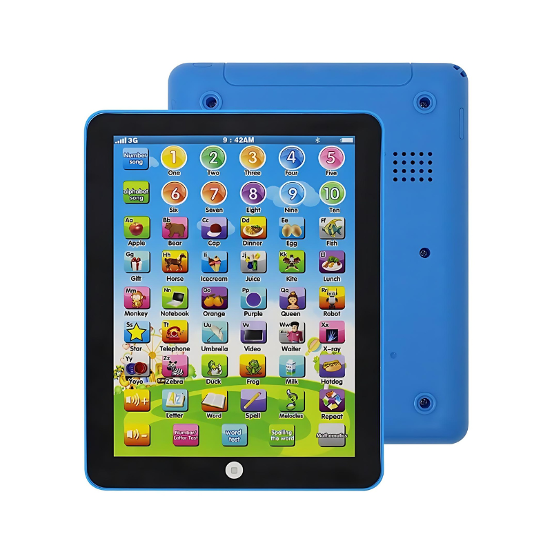 Blue kids interactive educational learning tablet showing touch screen interface