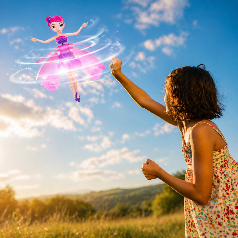 Child guiding a flying fairy toy outdoors under a blue sky using hand gestures