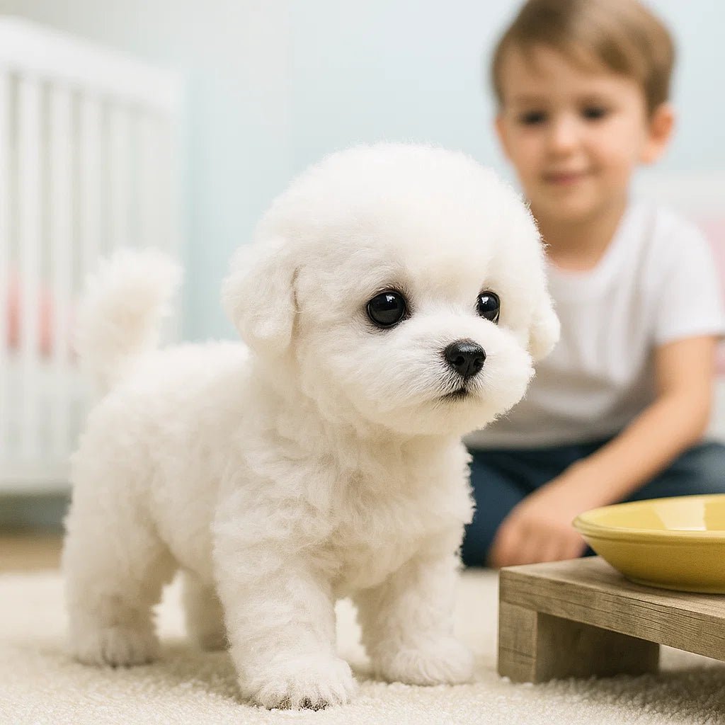 A fluffy white interactive puppy toy standing near a young child indoors