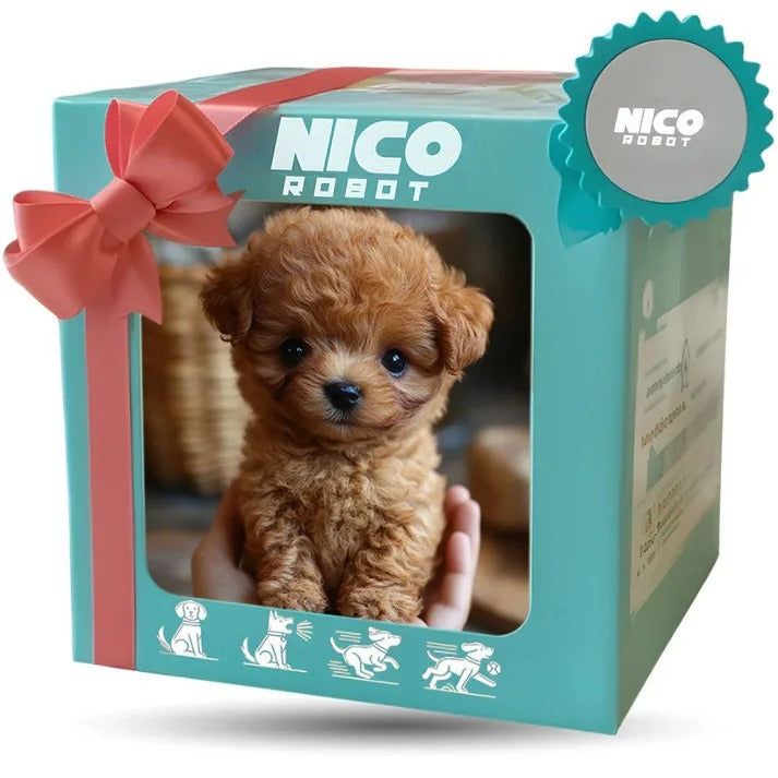Brown interactive smart puppy toy inside decorative gift box packaging