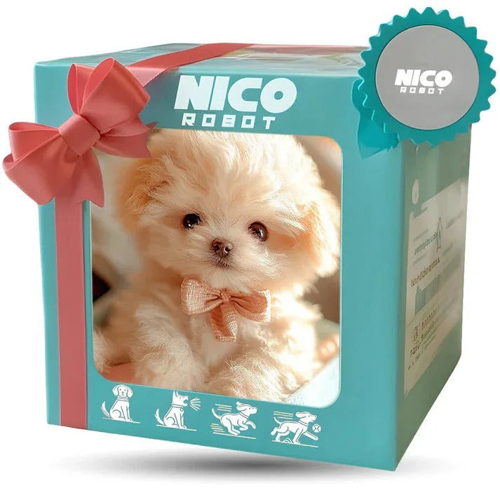 White interactive smart puppy toy with bow inside packaging display