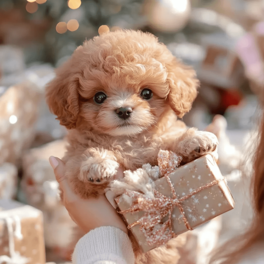 Child holding brown interactive smart puppy toy near holiday decorations