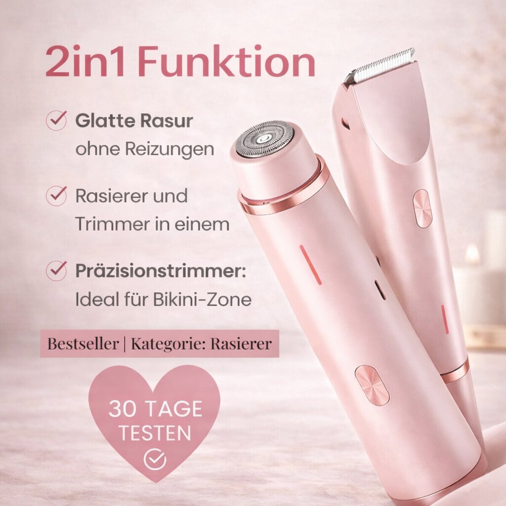 Close-up of pink women's intimate shaver showcasing 2-in-1 function and smooth shaving heads