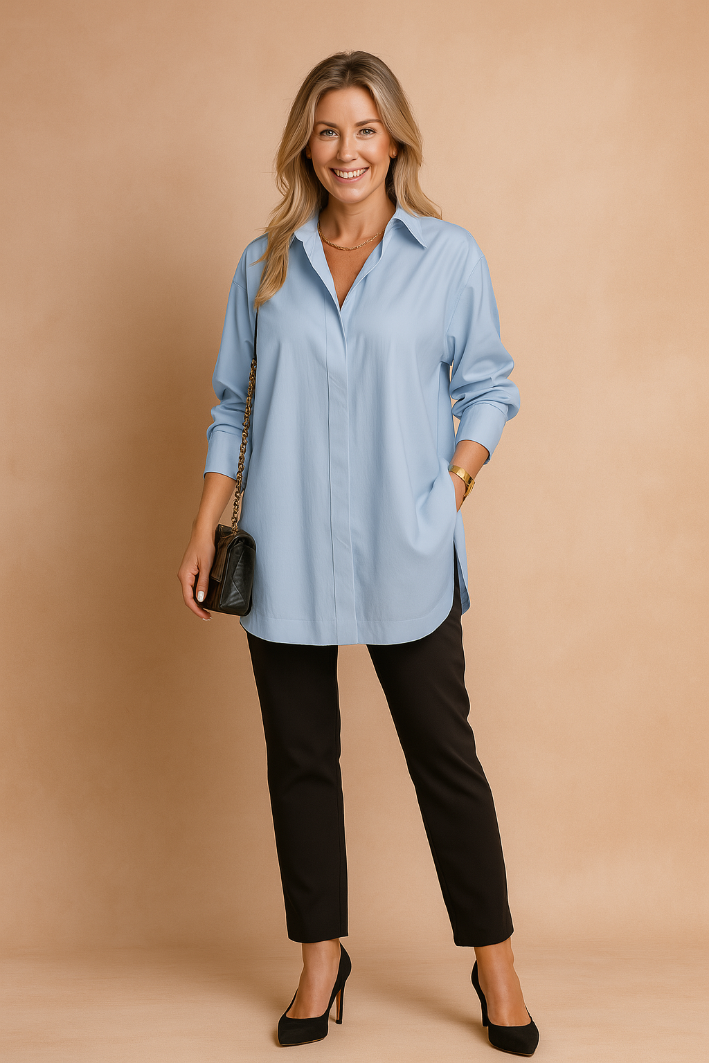 Womens oversized classic shirt blouse with long sleeves and button front