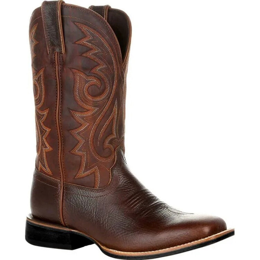 Brown men's western cowboy boot with decorative contrast stitching on the shaft