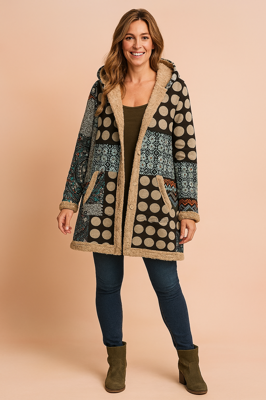 Woman wearing a long hooded fleece coat with green and blue mosaic patterns