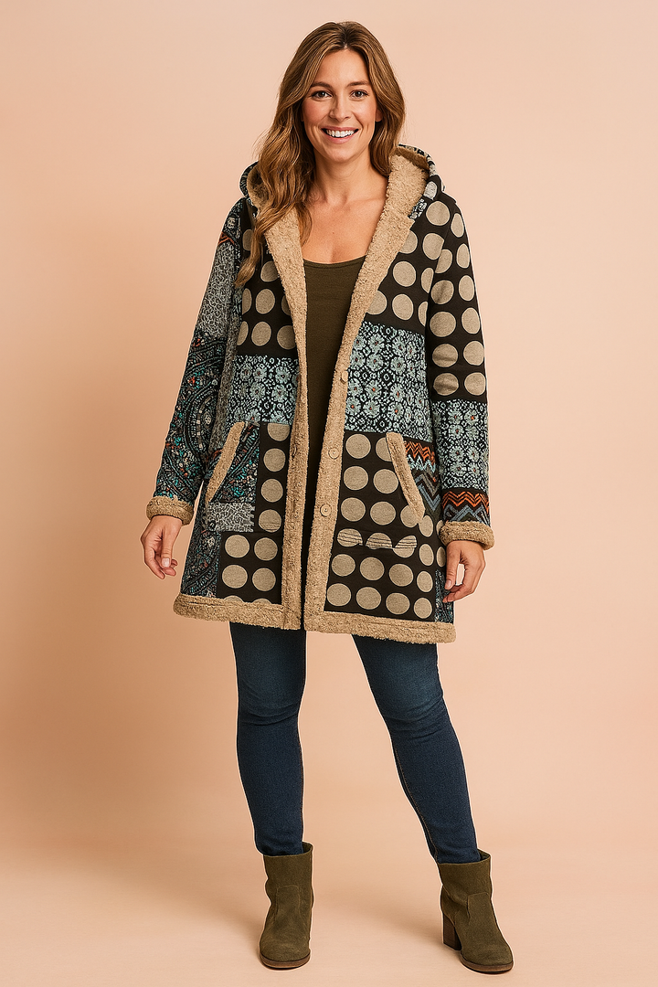 Woman wearing a long hooded fleece coat with green and blue mosaic patterns