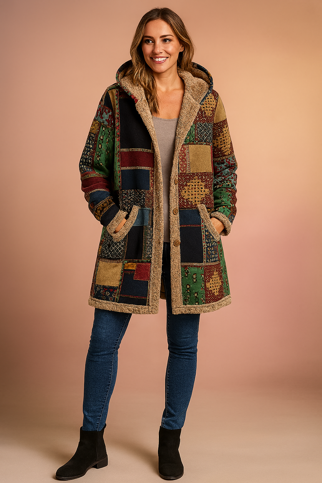 Long hooded fleece coat with patchwork print for women's winter outerwear