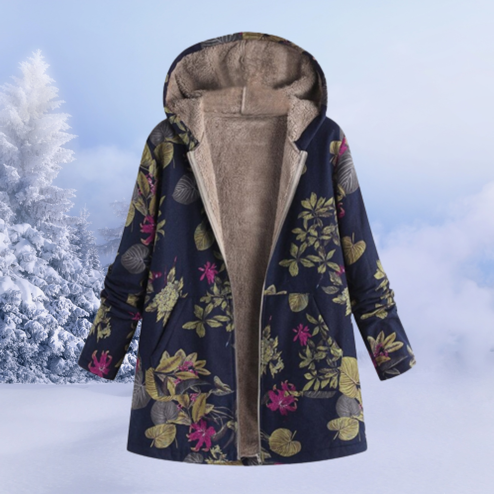 Dark blue floral print reversible winter jacket with hood