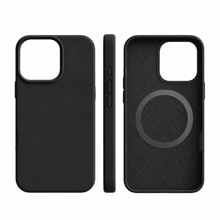 Black silicone iPhone case showing back, side profile with buttons, and interior magnetic ring