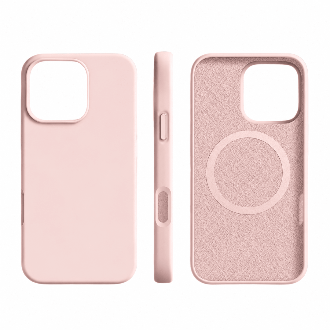 Pink silicone iPhone case showing back, side profile with buttons, and interior magnetic ring