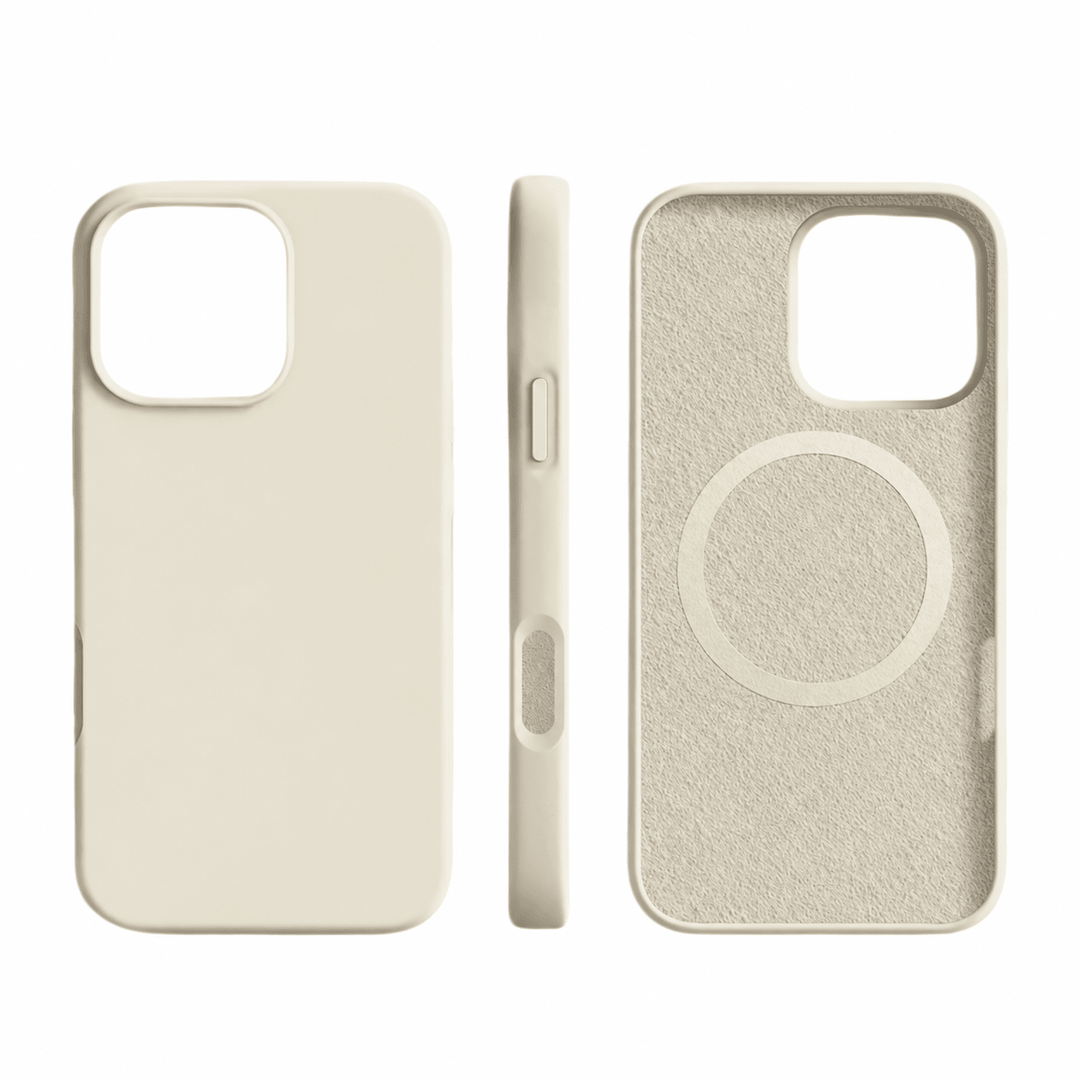 Beige silicone iPhone case showing back, side profile with buttons, and interior magnetic ring