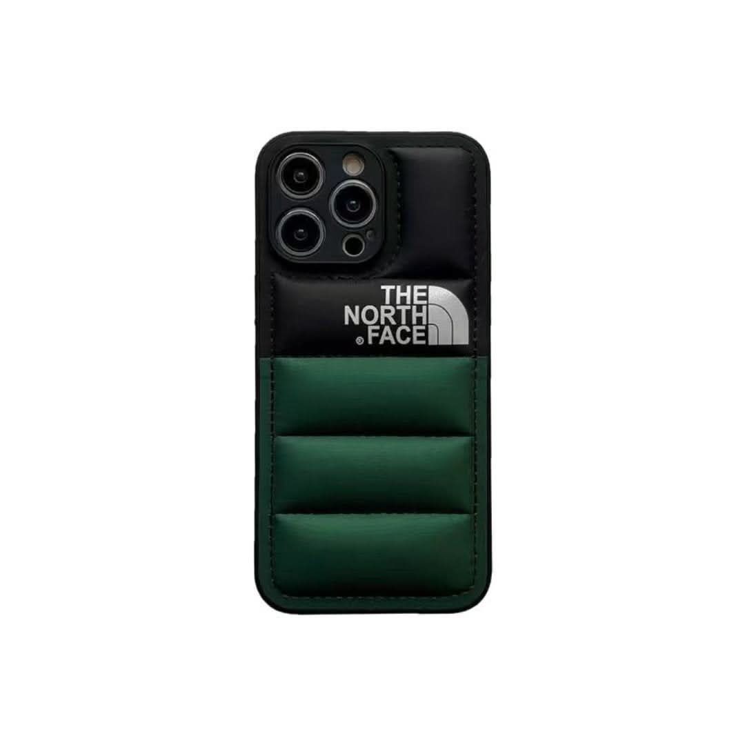 Green puffer design iPhone case shown from the back camera view.