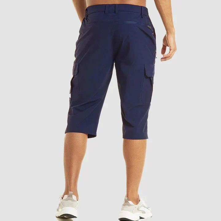 Detailed view of pockets on mens casual cargo shorts