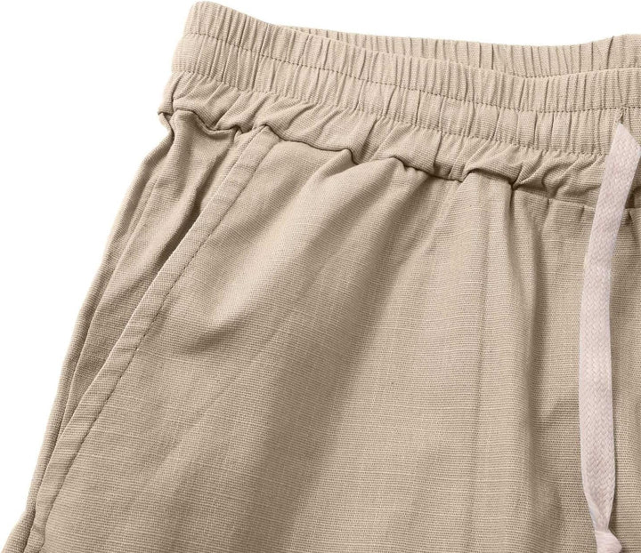 Men's vacation wear outfit featuring casual linen shorts and simple tee