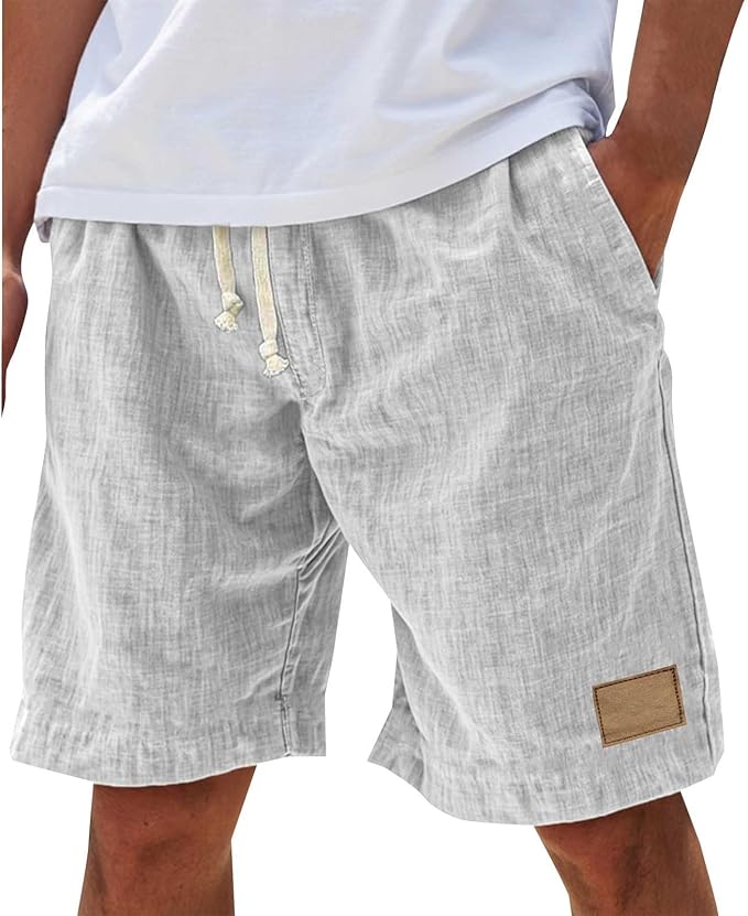 Men's relaxed fit linen shorts in classic khaki with adjustable drawstring