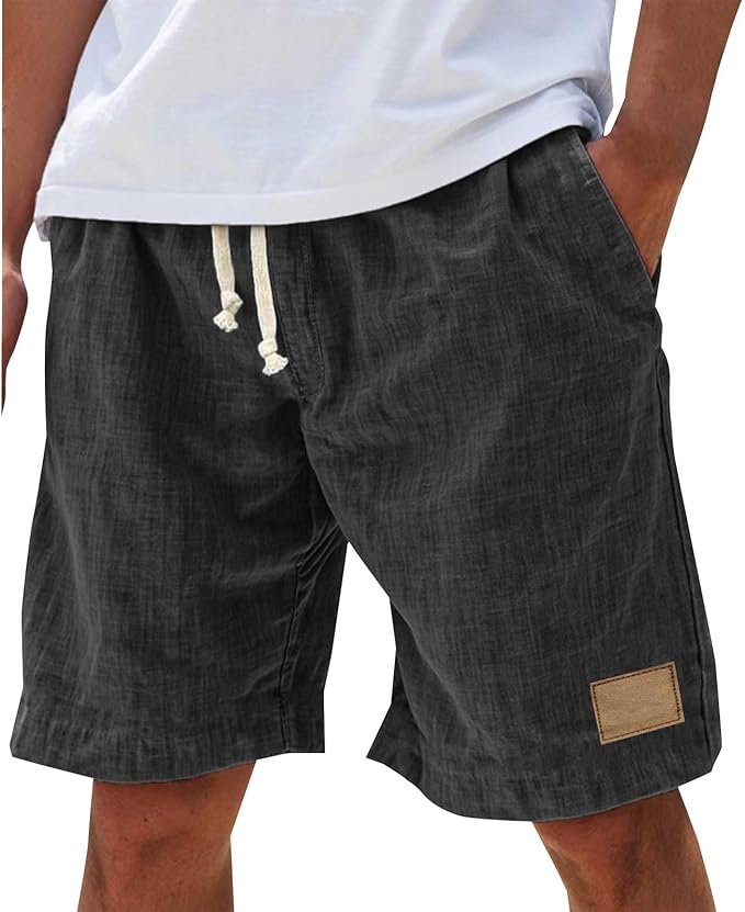 Detailed view of fabric texture on men's relaxed fit linen beach shorts