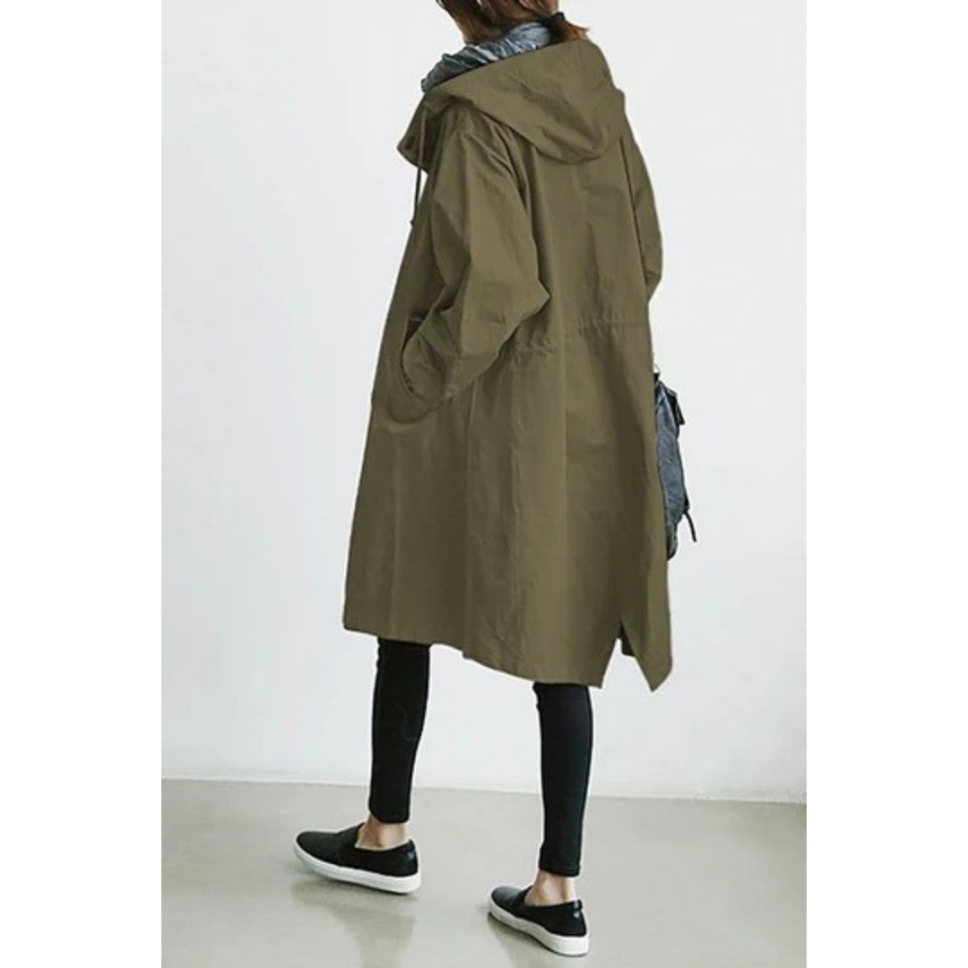 Isabelle long women's hooded trench coat in classic beige with button closure