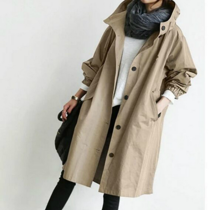 Isabelle long women's trench coat styled with a matching waist belt