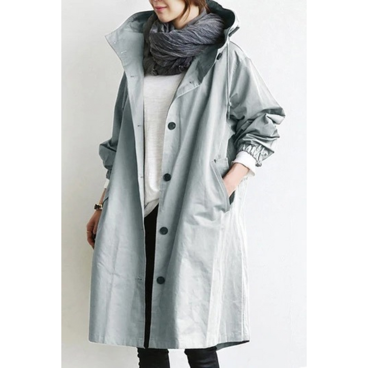 Full-length view of the stylish weatherproof outerwear for women