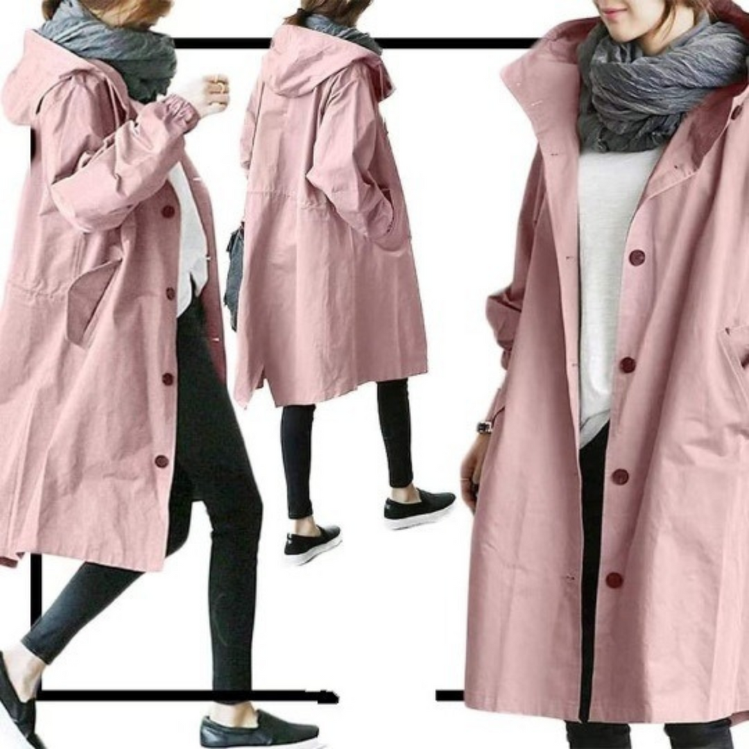 Close-up of the waterproof fabric and button details on the women's hooded coat