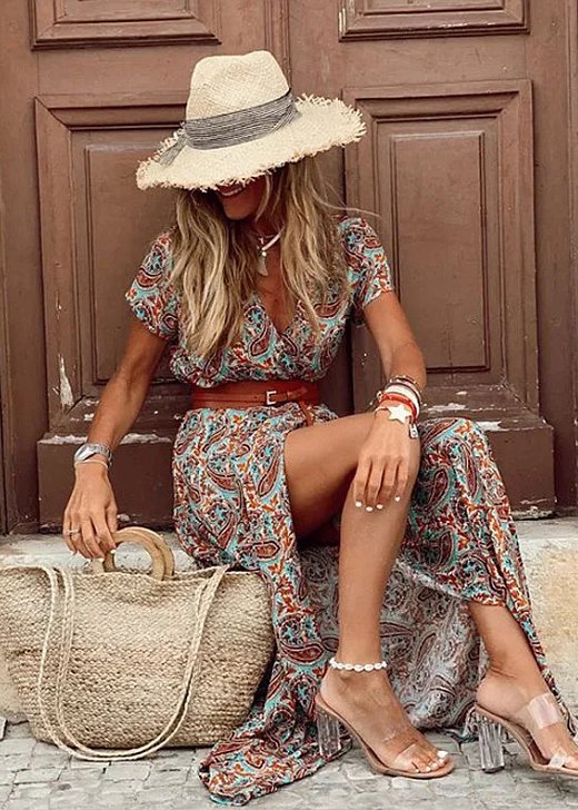 Full outfit styling of floral wrap cocktail dress with heels