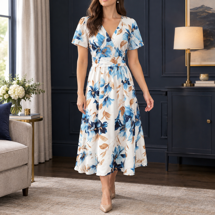 Woman wearing a floral short sleeve wrap midi dress in white and blue