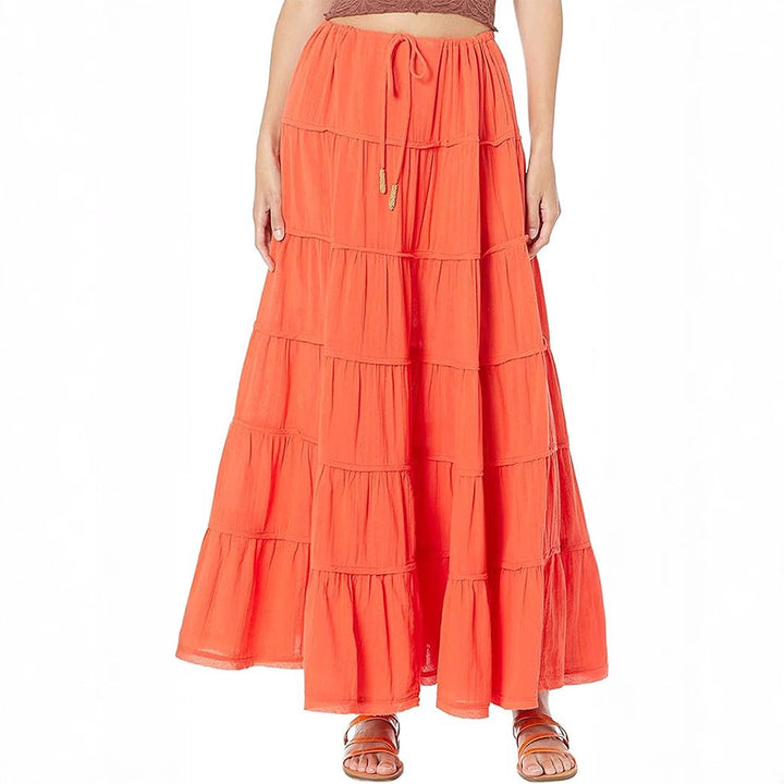 Boho midi skirt for women showing tiered design and casual summer skirt fit