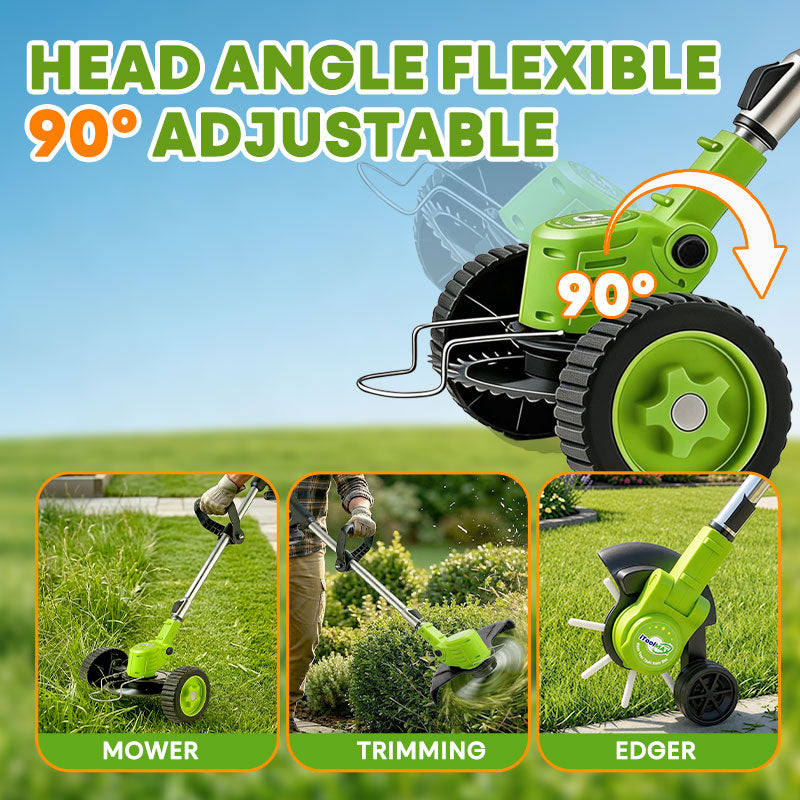 Rechargeable weed eater cutting lawn edges near a walkway