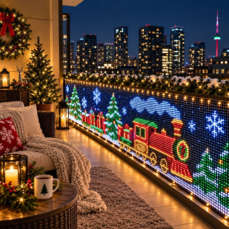 Smart RGBIC outdoor LED net lights displaying a festive holiday train on a balcony railing at night.
