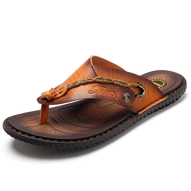 Brown men's braided thong sandal with textured upper and decorative ring