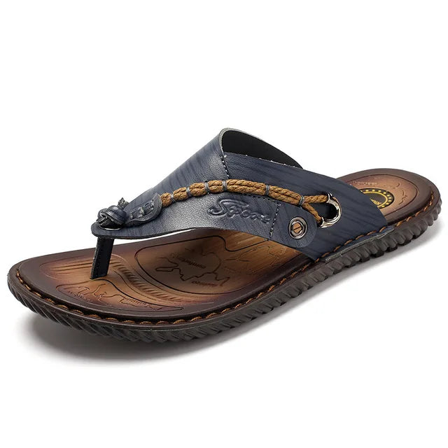 Dark blue men's comfort thong sandal with woven front strap