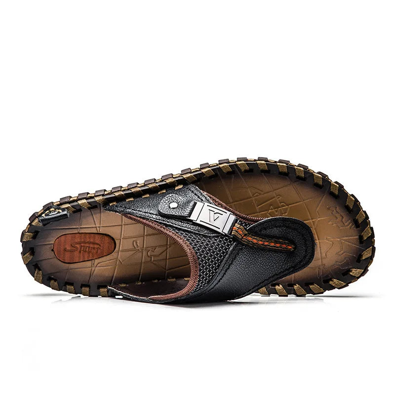 Close-up view of mens slip-on thong sandals with braided strap detail