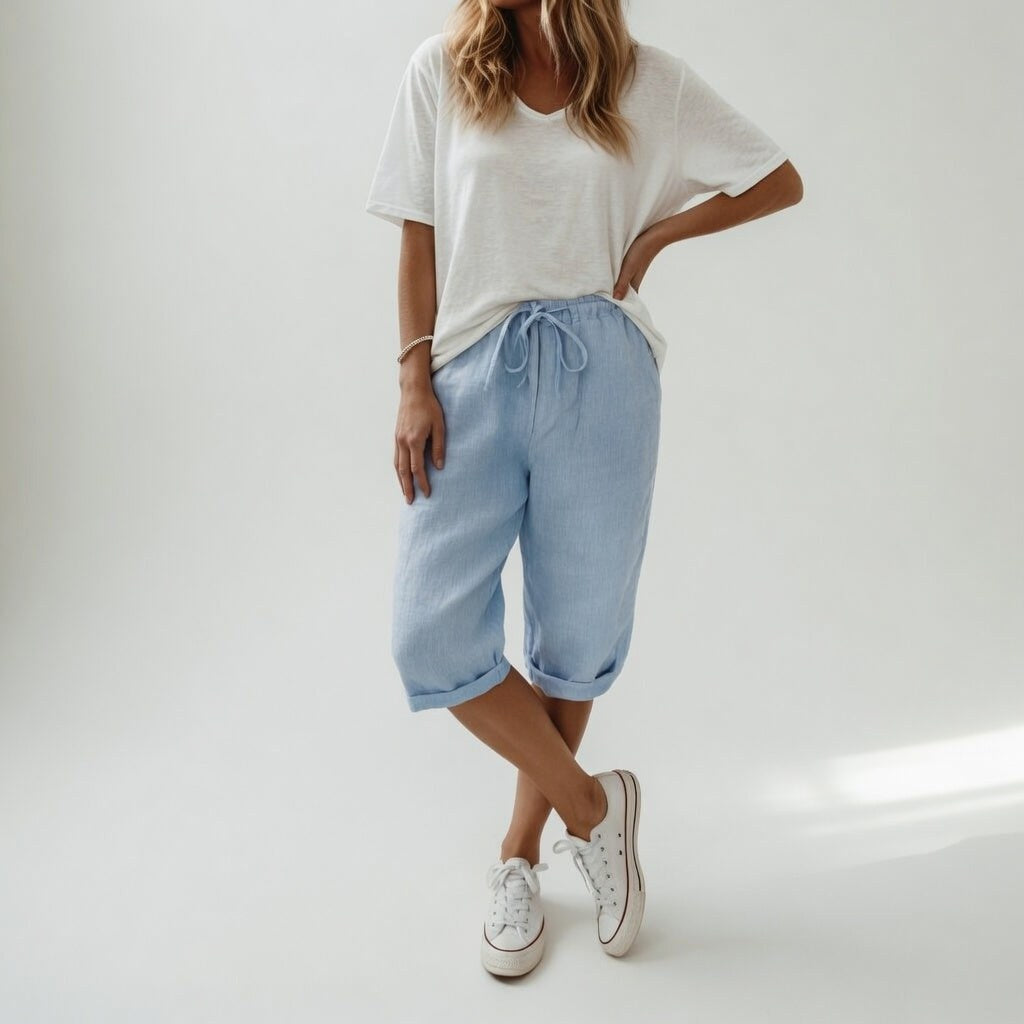Woman wearing light blue relaxed-fit bermuda shorts and a white t-shirt