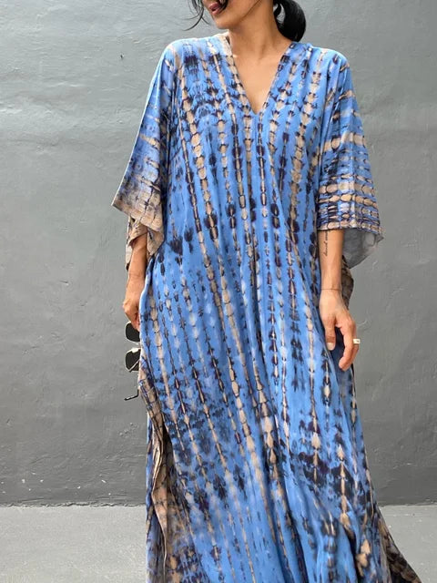 Close-up view of the Blue patterned Janne Kaftan Maxi Dress