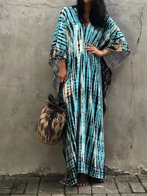 Long summer dress with boho print and relaxed vacation fit