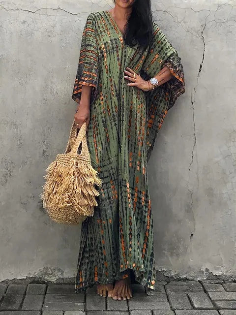 Comfortable long kaftan dress for women with stylish resort aesthetics