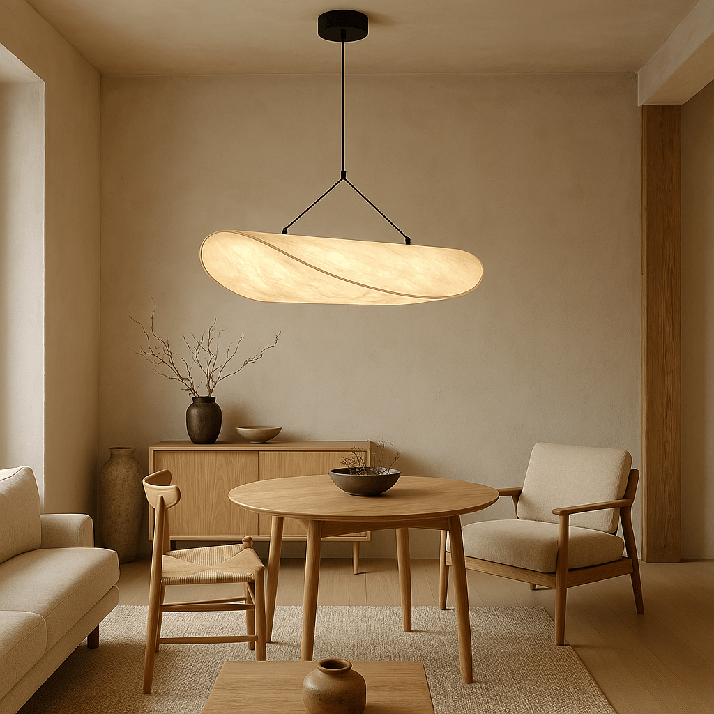 Minimalist Scandinavian design pendant light hanging over a modern dining room table
