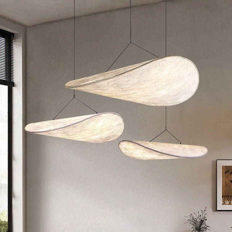 Close-up of the elegant Japandi silk pendant lamp showcasing minimalist aesthetics