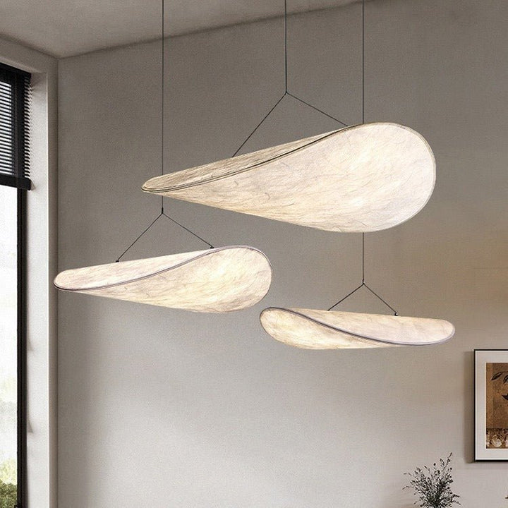 Close-up of the elegant Japandi silk pendant lamp showcasing minimalist aesthetics