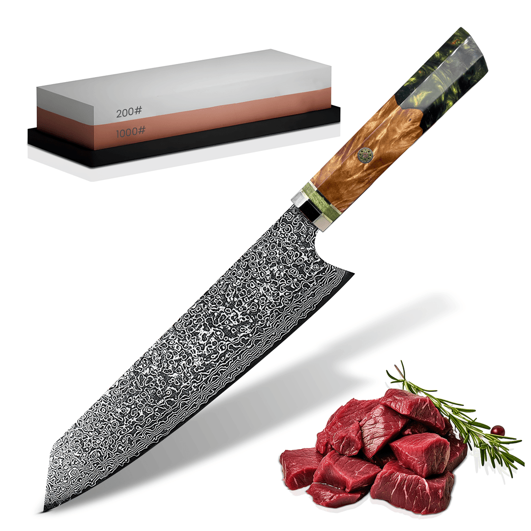 Japanese chef knife with Damascus steel blade and sharpening stone