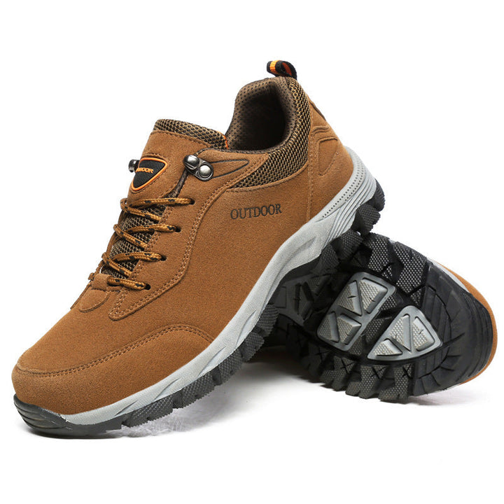 Brown men's supportive walking shoes showcasing deep tread sole