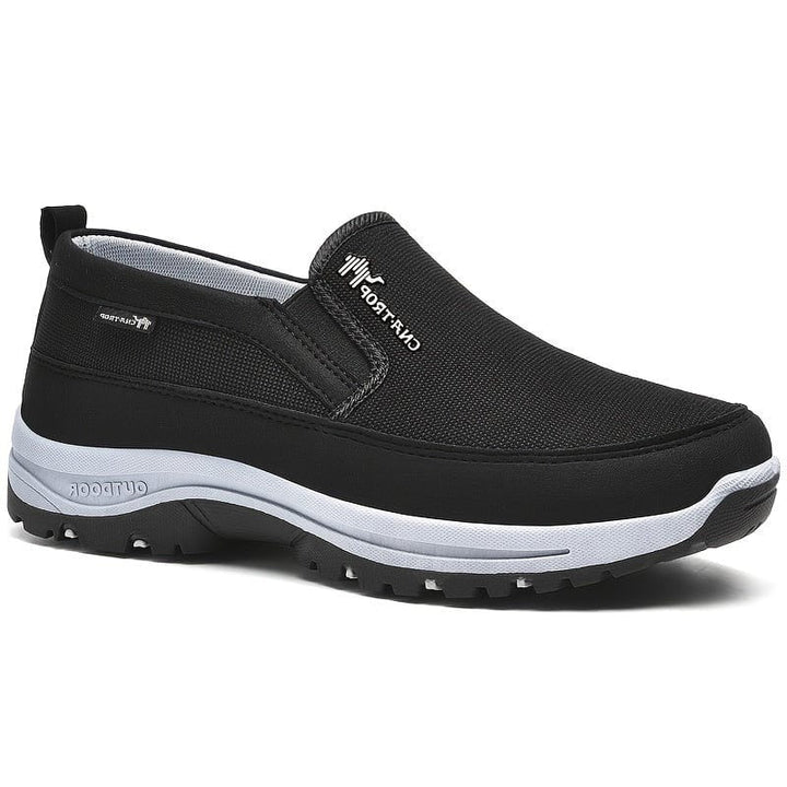 Men's black orthopedic slip-on comfort walking shoes with thick tread sole