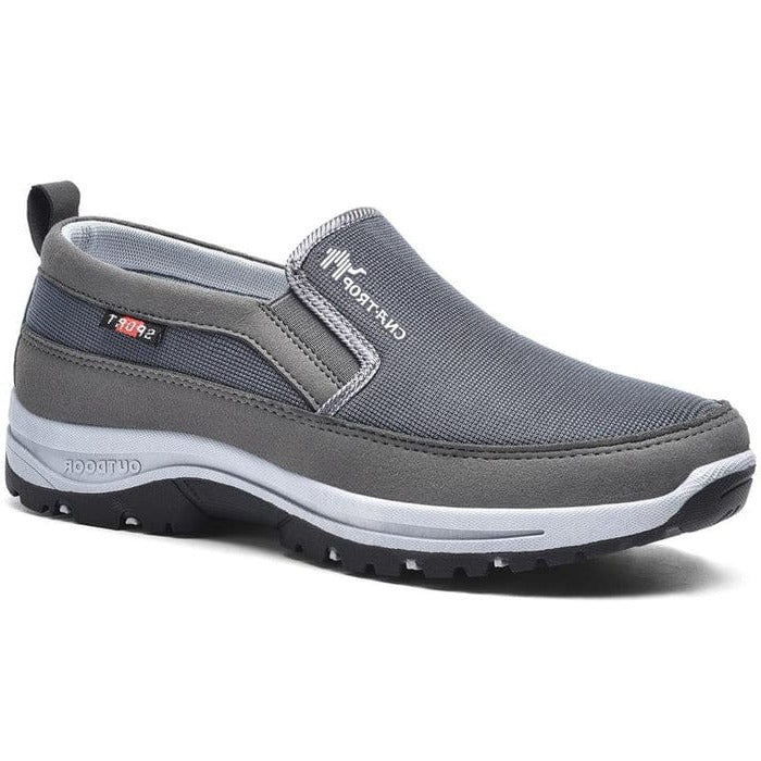 Men's gray orthopedic slip-on comfort walking shoes with elastic side gores