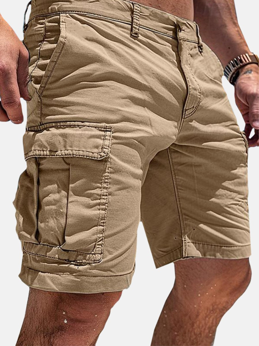 Man wearing khaki men's utility cargo shorts with side pocket detail